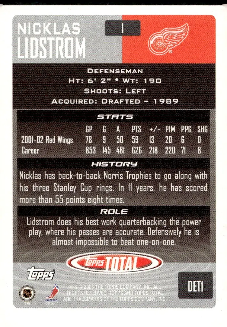 2002-03 Topps Total #1 Nicklas Lidstrom (back)
