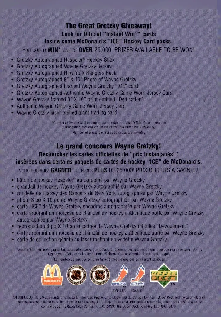 1998-99 Upper Deck Ice McDonald's (Canada) Checklist (back)