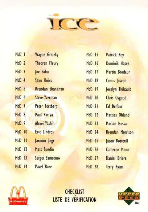 1998-99 Upper Deck Ice McDonald's (Canada) Checklist