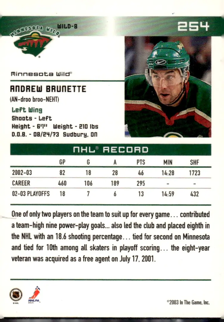2003-04 In The Game Action #254 Andrew Brunette (back)