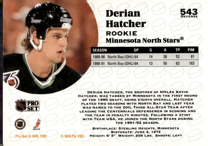 1991-92 Pro Set (Series 2) #543 Derian Hatcher (back)