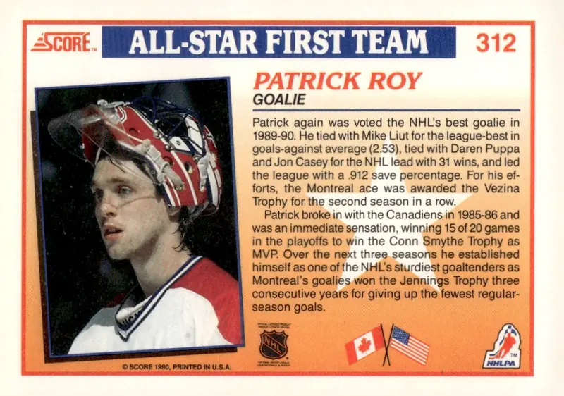 1990-91 Score (U.S.) #312 Patrick Roy (back)
