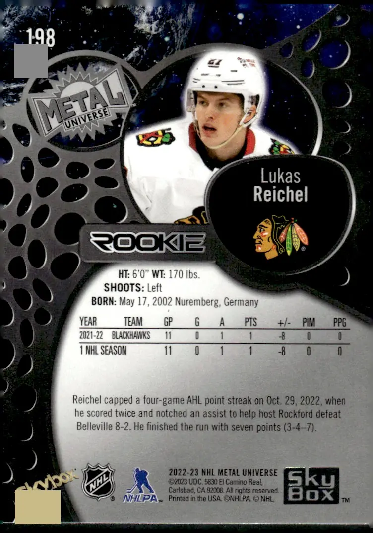 2022-23 SkyBox Metal Universe #198 Lukas Reichel (back)