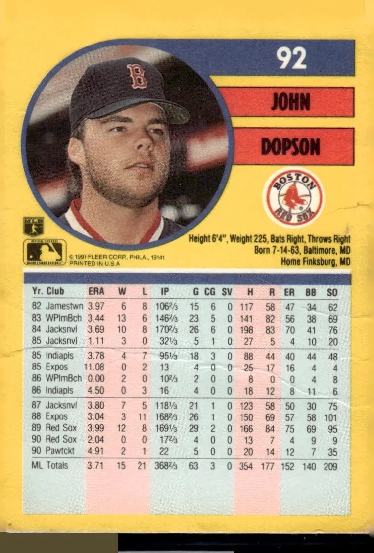 1991 Fleer #92 John Dopson (back)