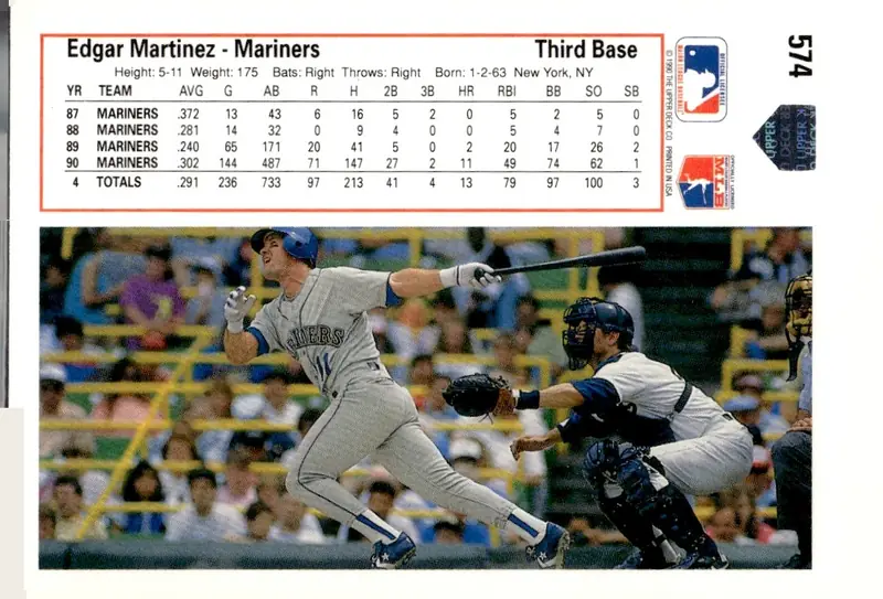 1991 Upper Deck #574 Edgar Martinez (back)