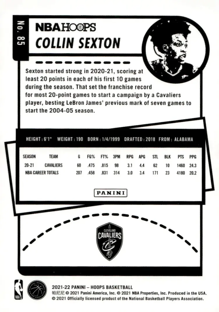 2021-22 NBA Hoops #85 Collin Sexton (back)