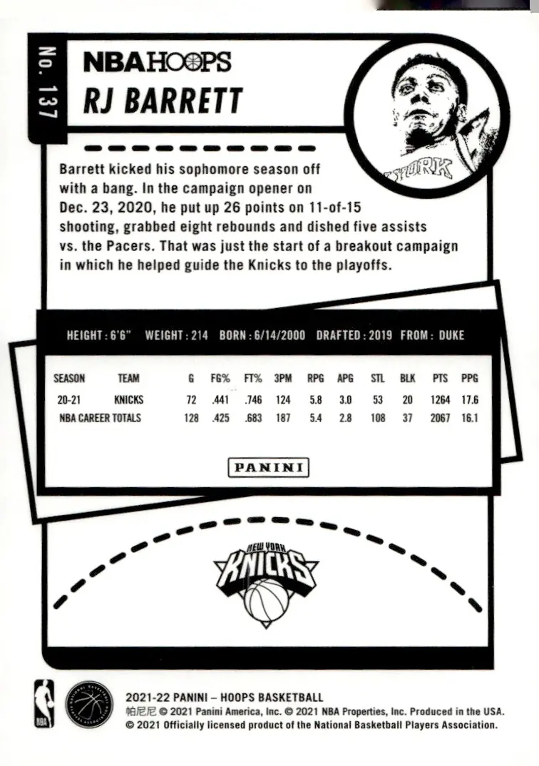 2021-22 NBA Hoops #137 RJ Barrett (back)