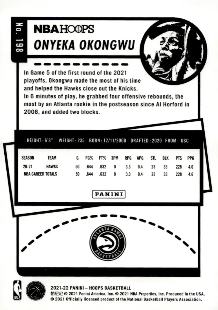 2021-22 NBA Hoops #198 Onyeka Okongwu (back)