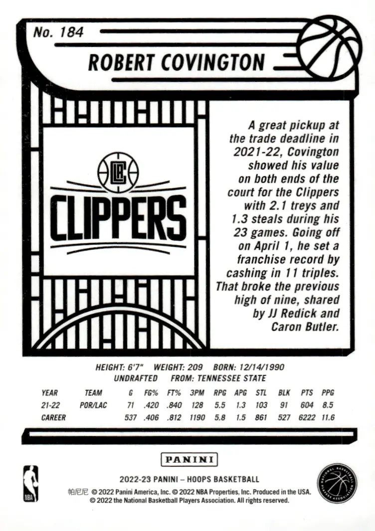 2022-23 NBA Hoops #184 Robert Covington (back)