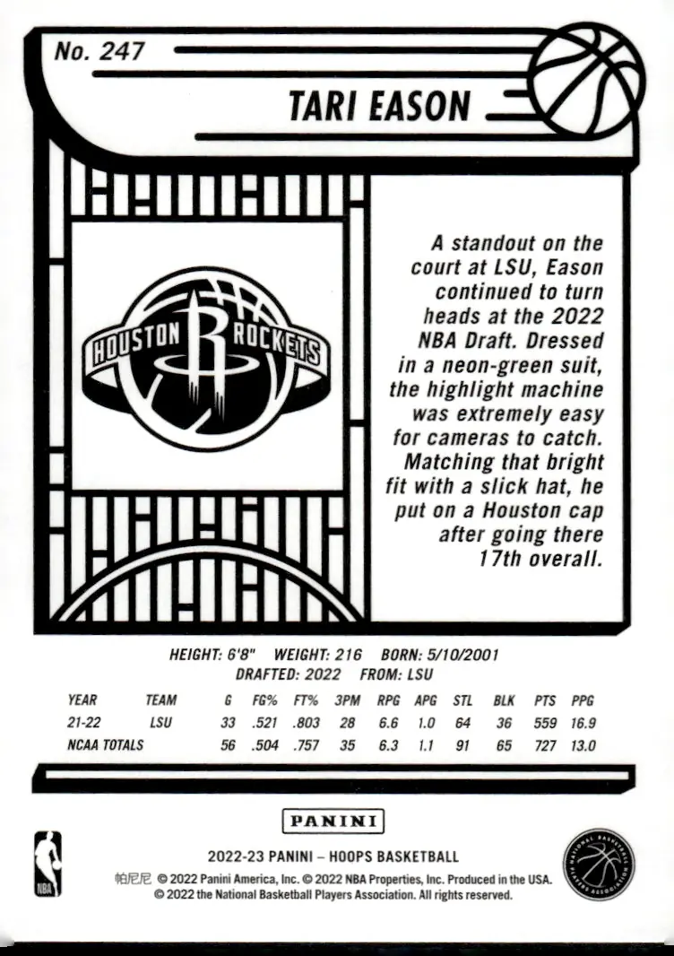 2022-23 NBA Hoops #247 Tari Eason (back)