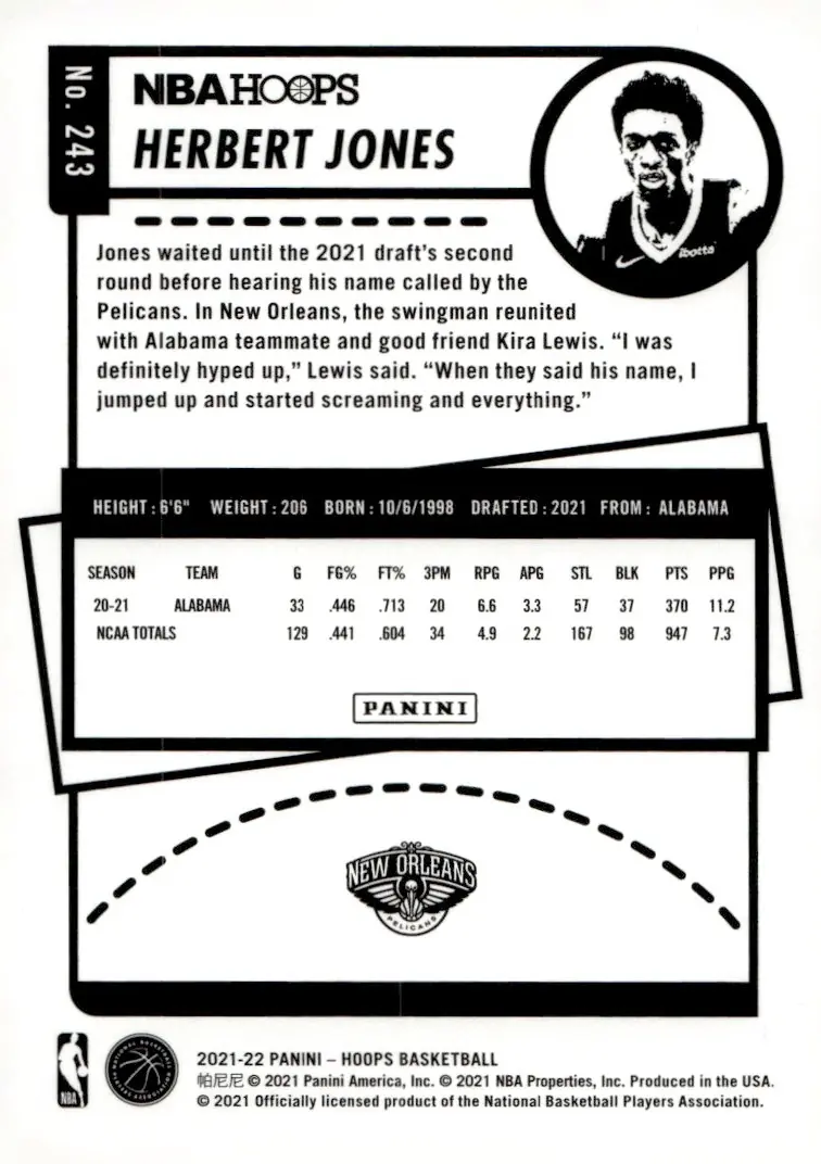 2021-22 NBA Hoops #243 Herbert Jones (back)