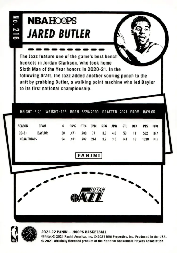 2021-22 NBA Hoops #216 Jared Butler (back)