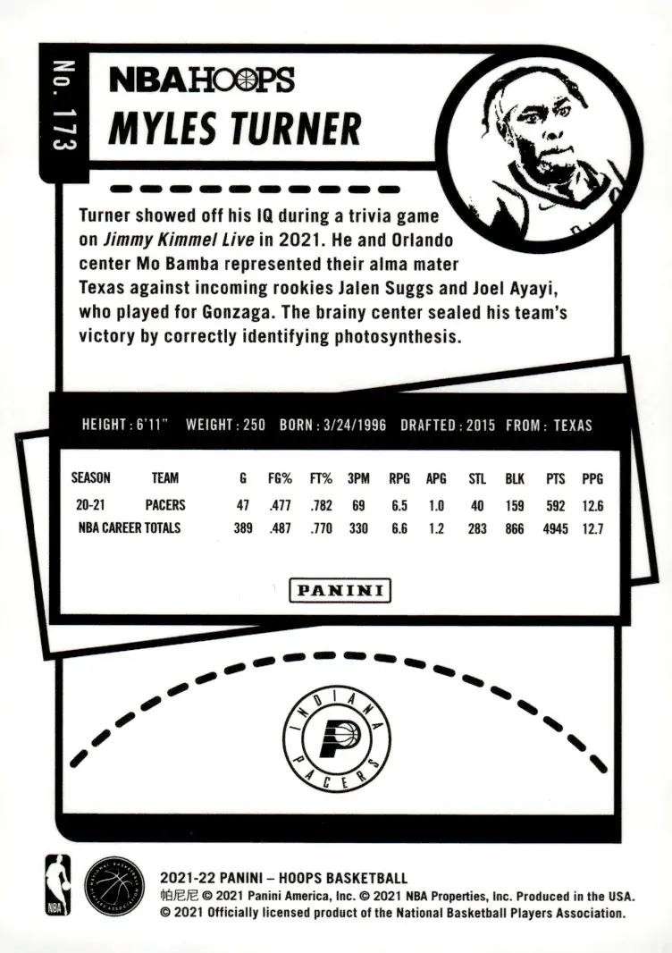 2021-22 NBA Hoops #173 Myles Turner (back)