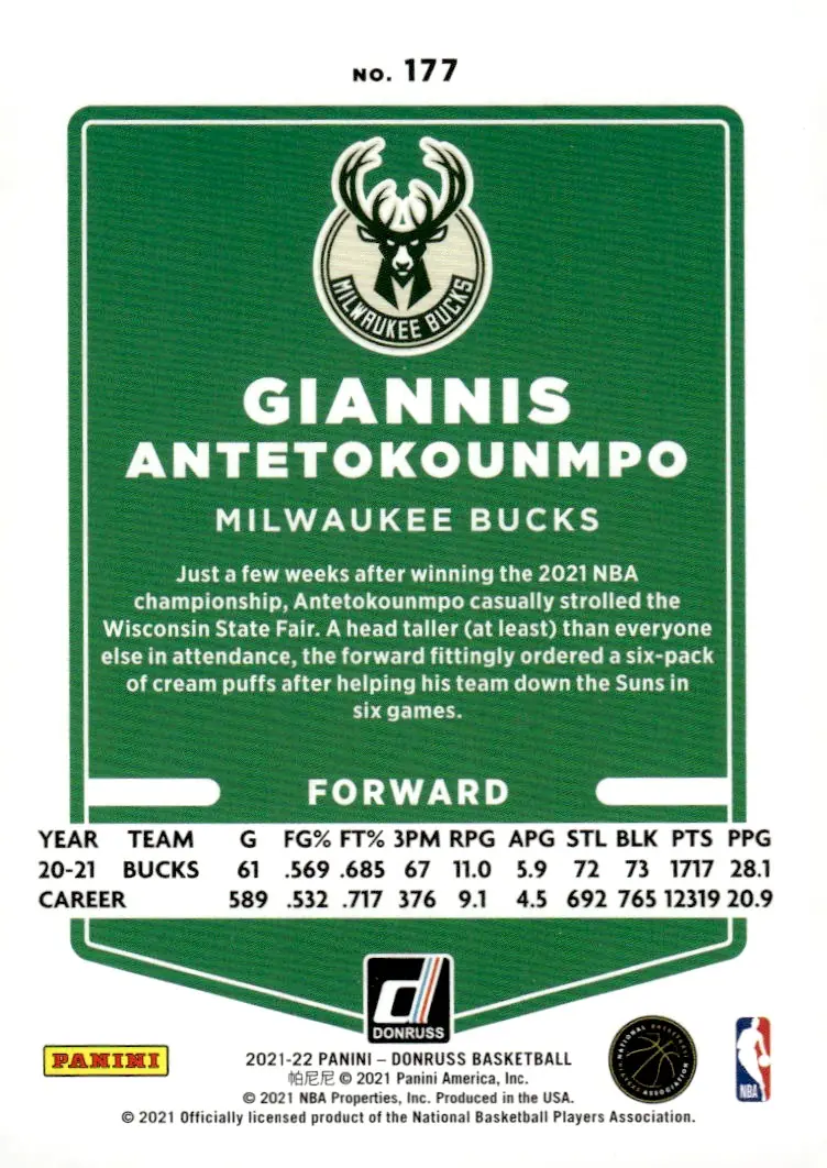 2021-22 Donruss Basketball #177 Giannis Antetokounmpo (back)