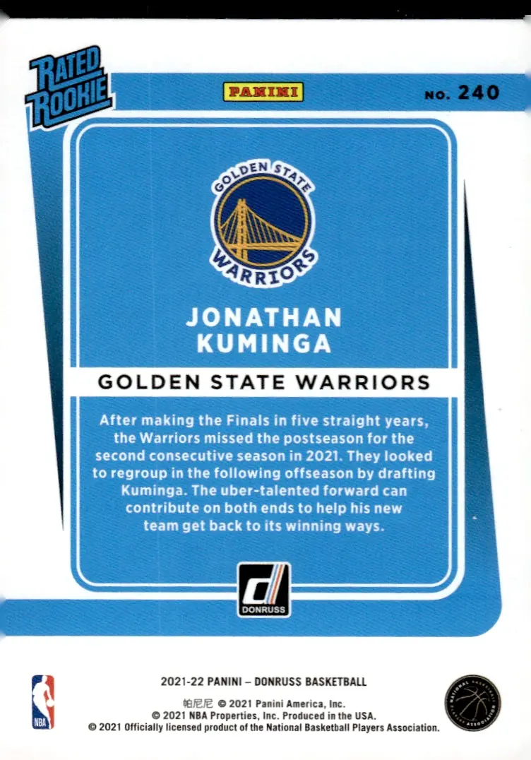 2021-22 Donruss #240 Jonathan Kuminga (back)