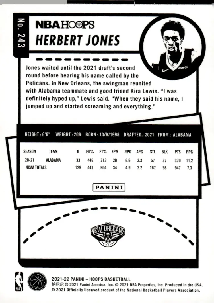 2021-22 NBA Hoops #243 Herbert Jones (back)