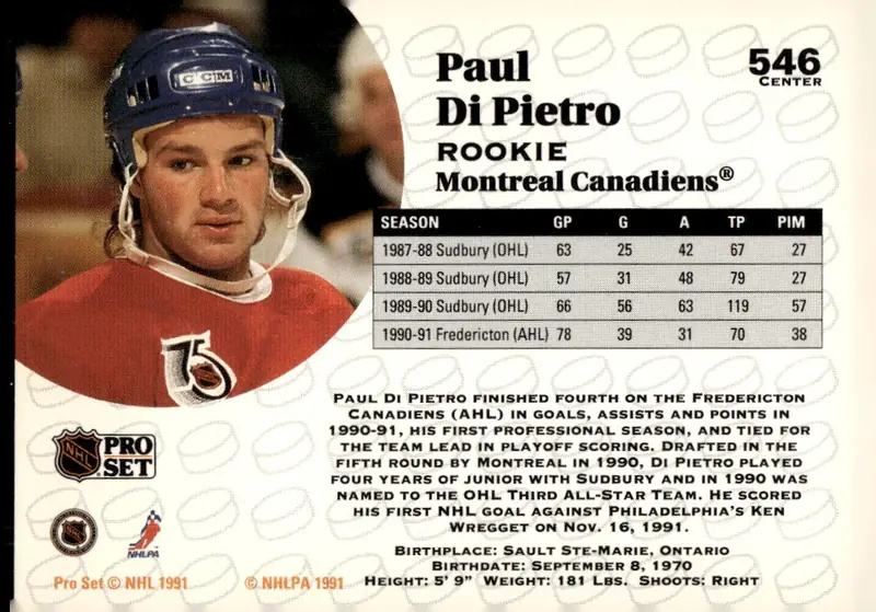 1991-92 Pro Set #546 Paul Di Pietro (back)