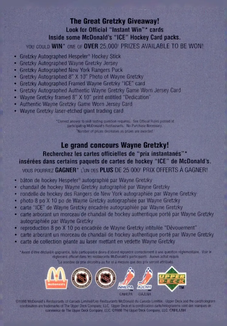 1998-99 Upper Deck Ice McDonald's #NNO Checklist (back)