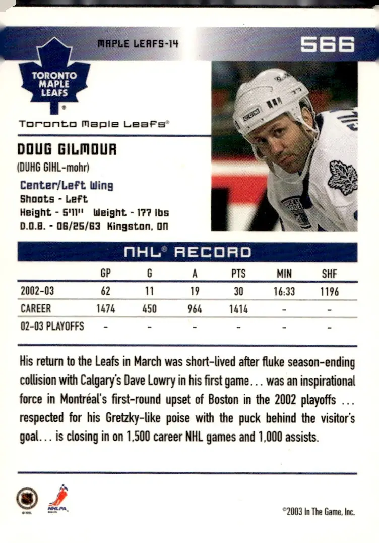 2003-04 In The Game Action #566 Doug Gilmour (back)