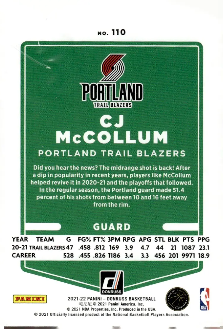 2021-22 Donruss #110 CJ McCollum (back)
