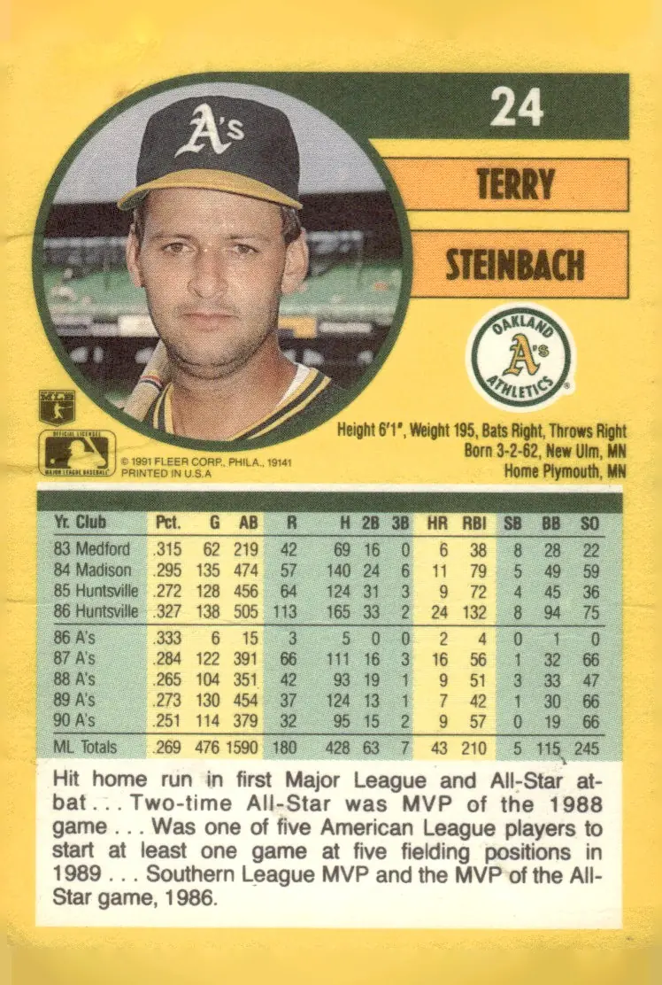 1991 Fleer #24 Terry Steinbach (back)