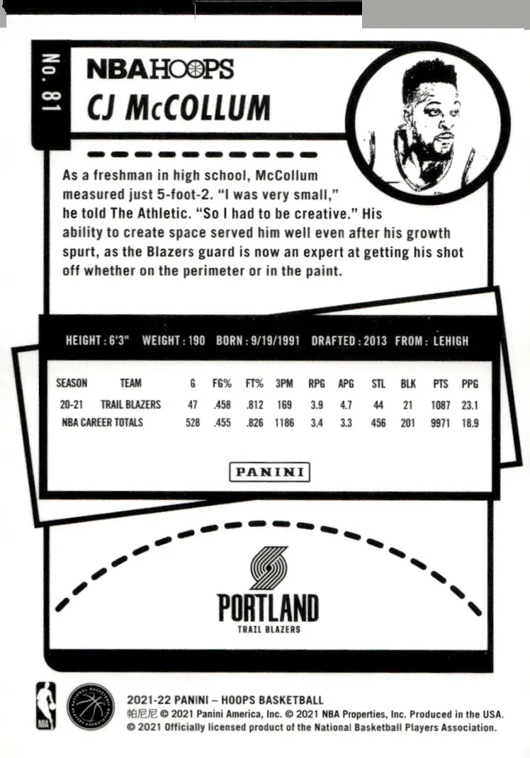 2021-22 NBA Hoops #81 CJ McCollum (back)