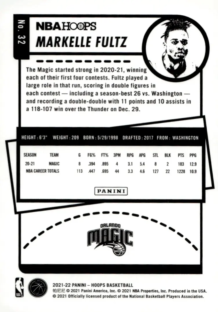 2021-22 NBA Hoops #32 Markelle Fultz (back)