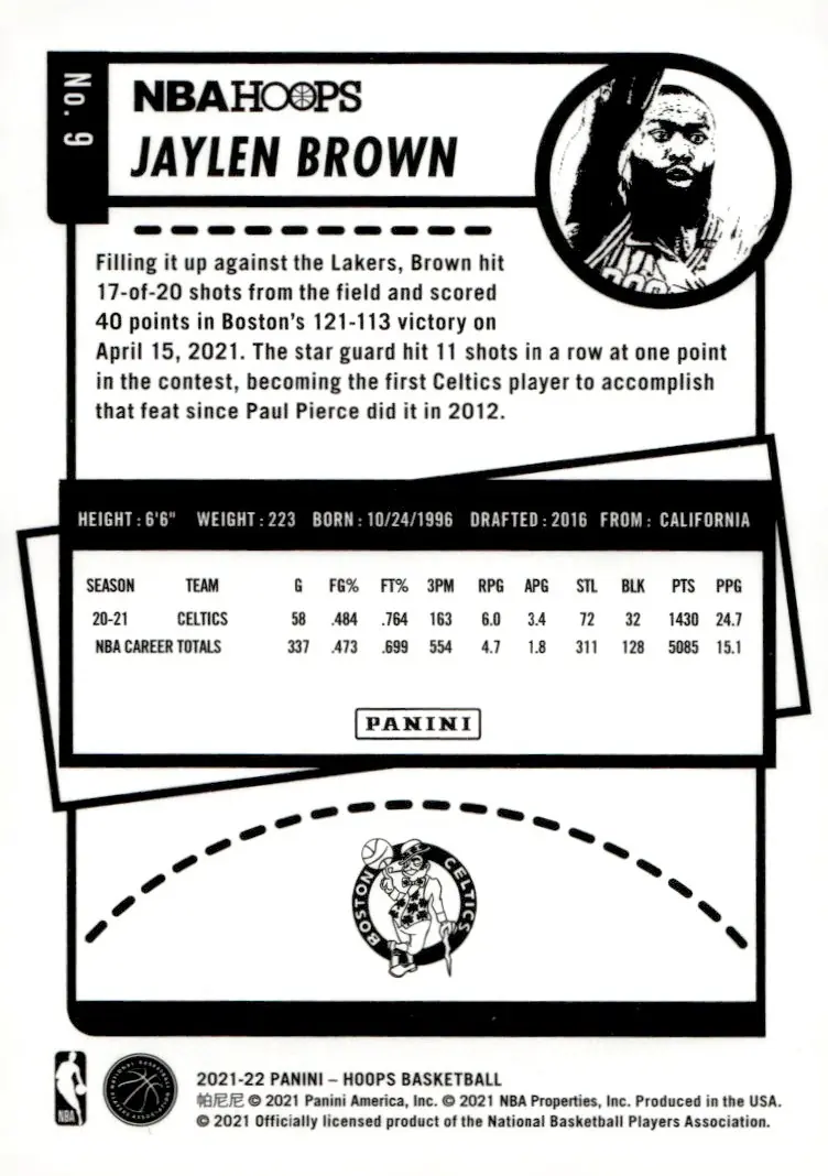 2021-22 NBA Hoops #9 Jaylen Brown (back)