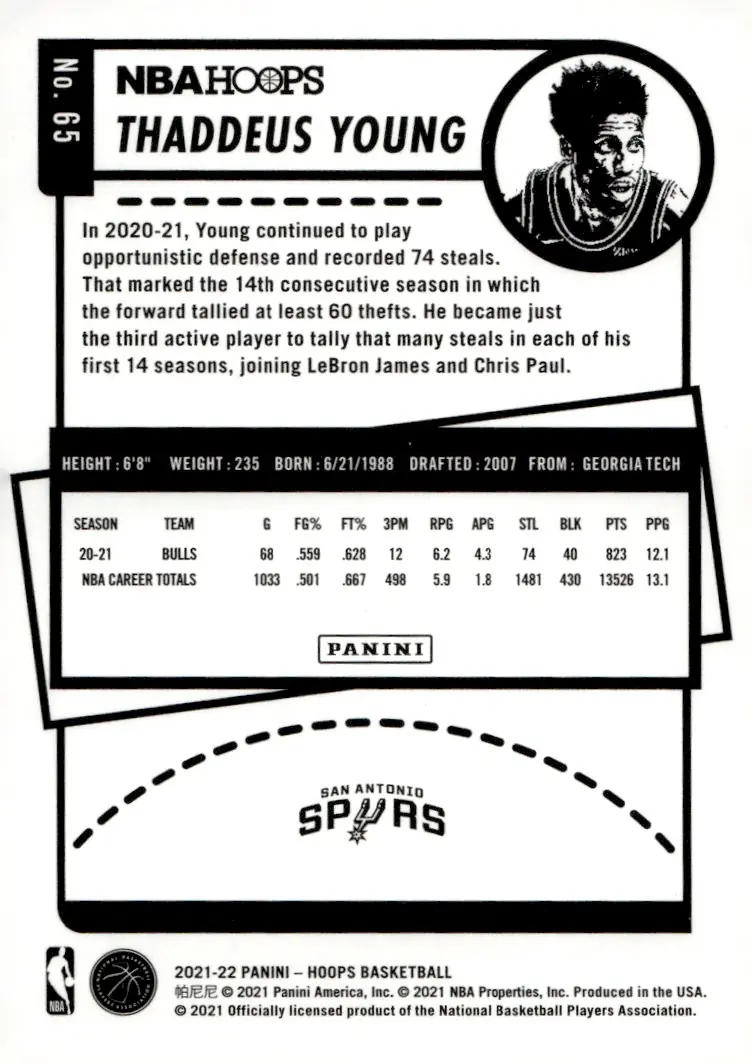 2021-22 NBA Hoops #65 Thaddeus Young (back)