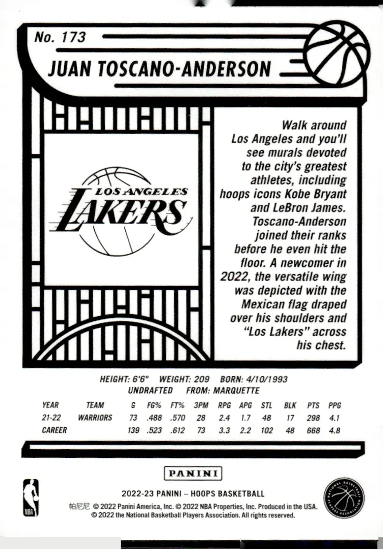2022-23 NBA Hoops #173 Juan Toscano-Anderson (back)