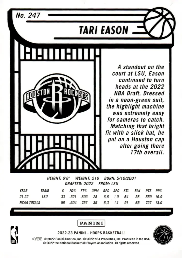 2022-23 NBA Hoops #247 Tari Eason (back)