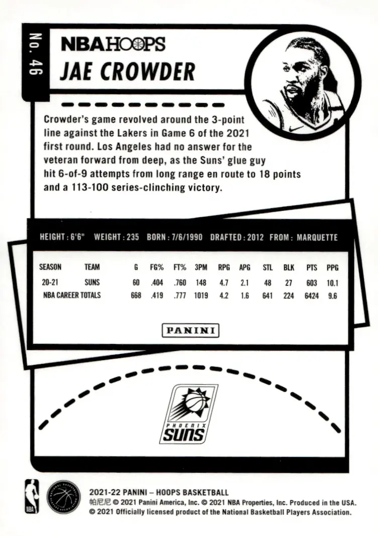 2021-22 NBA Hoops #46 Jae Crowder (back)