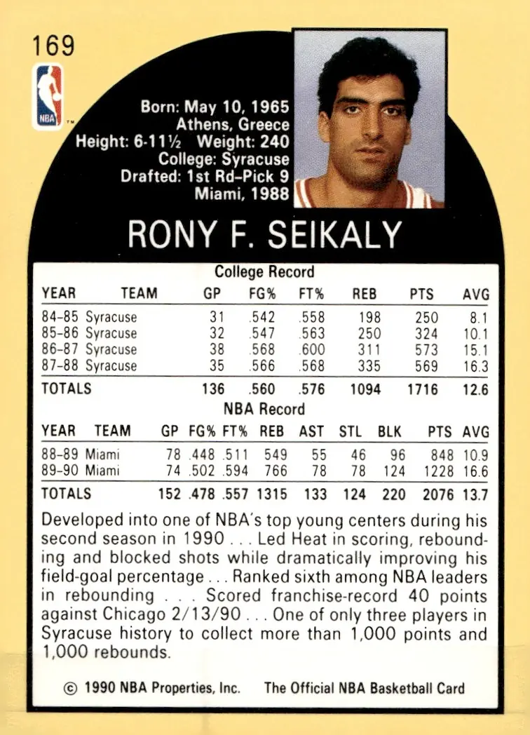 1990-91 NBA Hoops #169 Rony Seikaly – Corrected version (back)
