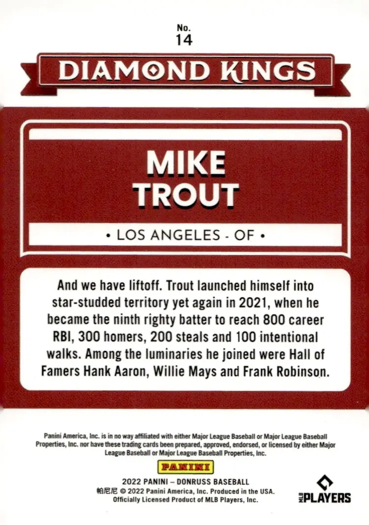2022 Donruss Baseball #14 Mike Trout – Holo Orange (back)