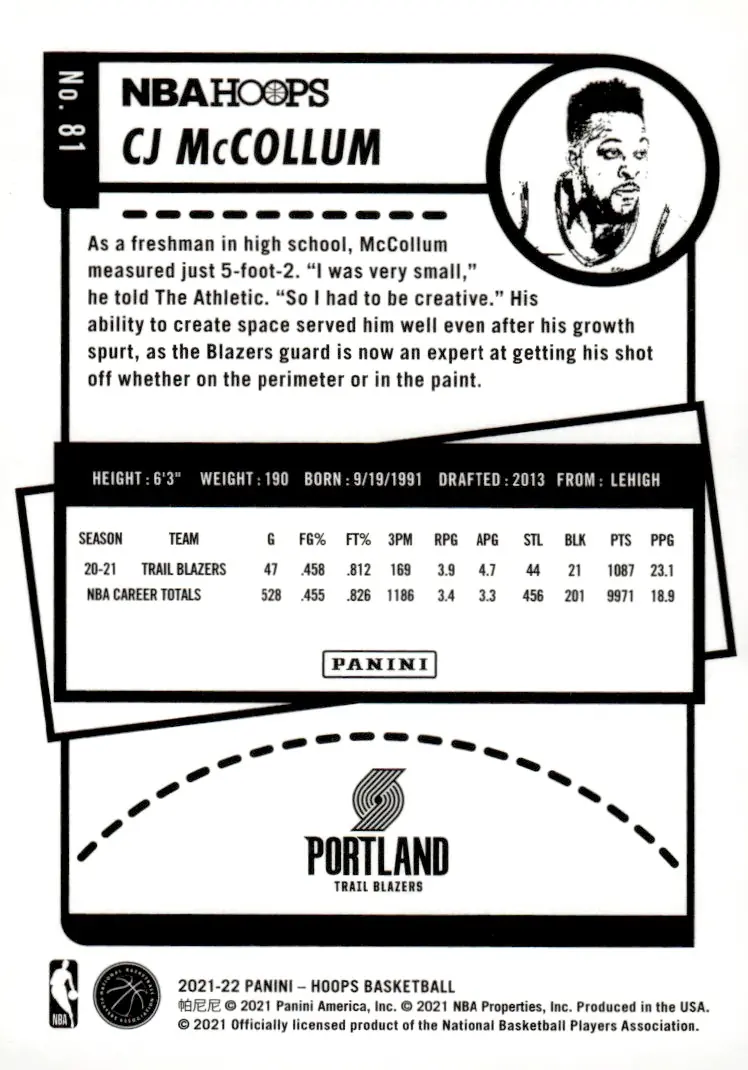 2021-22 NBA Hoops #81 CJ McCollum (back)