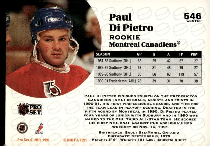 1991-92 Pro Set (Series 2) #546 Paul Di Pietro (back)