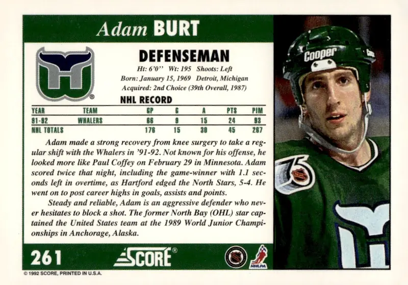 1992-93 Score (U.S. / American) #261 Adam Burt (back)