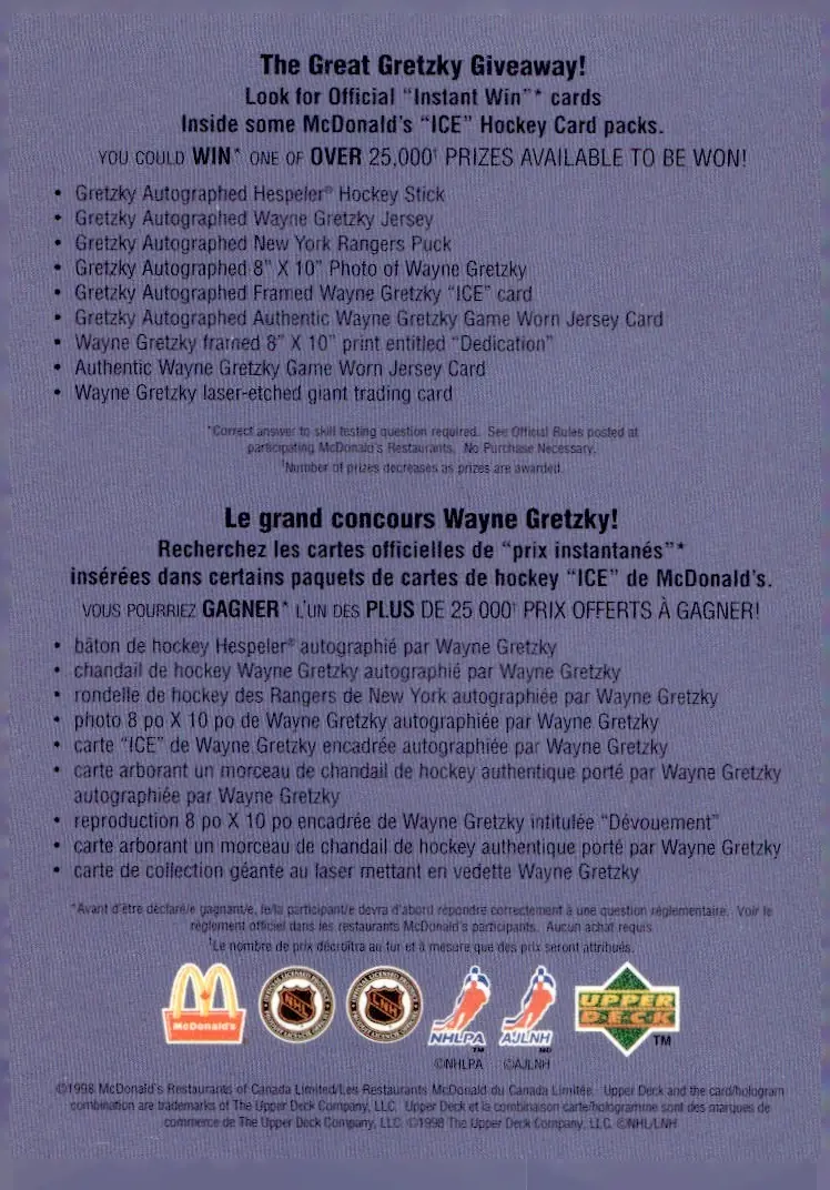 1998-99 Upper Deck Ice McDonald's (McDonald's Canada) #NNO (unnumbered checklist) Checklist (back)
