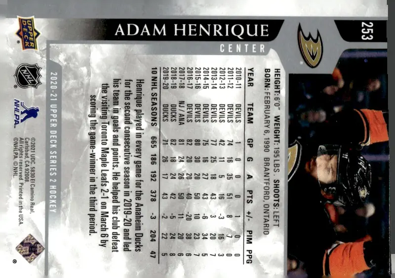 2020-21 Upper Deck Series 2 #253 Adam Henrique (back)