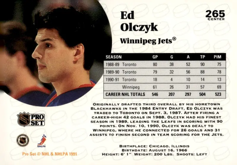 1991-92 Pro Set (Series 1) #265 Ed Olczyk (back)