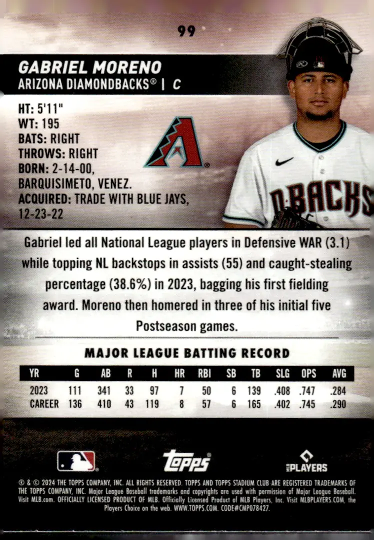 2024 Topps Stadium Club #99 Gabriel Moreno (back)