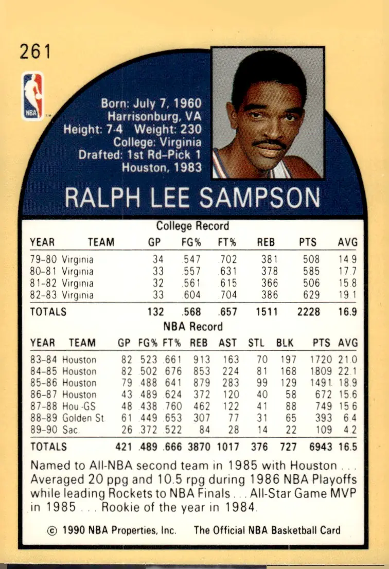 1990-91 NBA Hoops #261 Ralph Sampson (back)