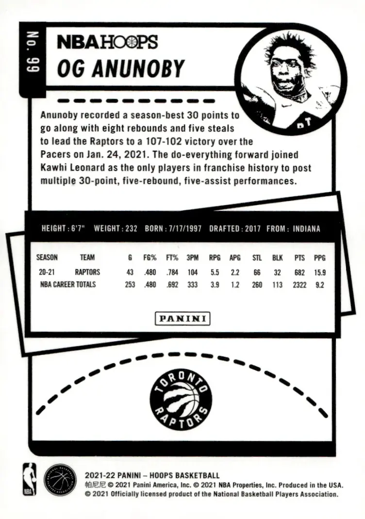 2021-22 NBA Hoops #99 OG Anunoby (back)