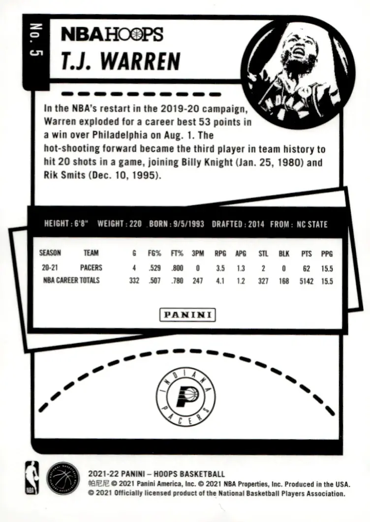 2021-22 NBA Hoops #5 T.J. Warren (back)