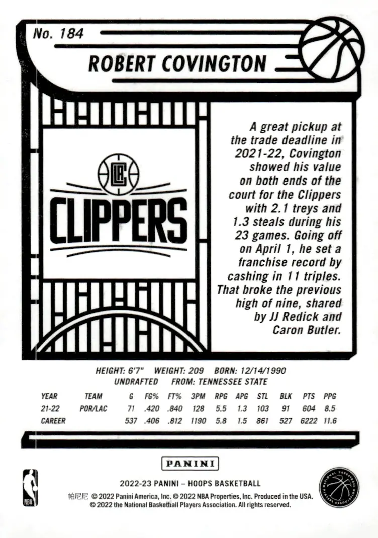 2022-23 NBA Hoops #184 Robert Covington (back)