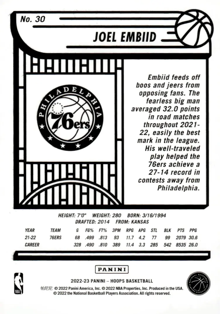 2022-23 NBA Hoops #30 Joel Embiid (back)