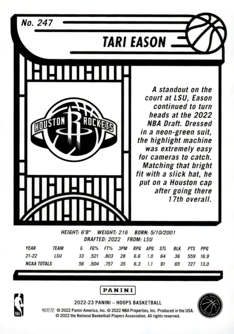 2022-23 NBA Hoops #247 Tari Eason (back)