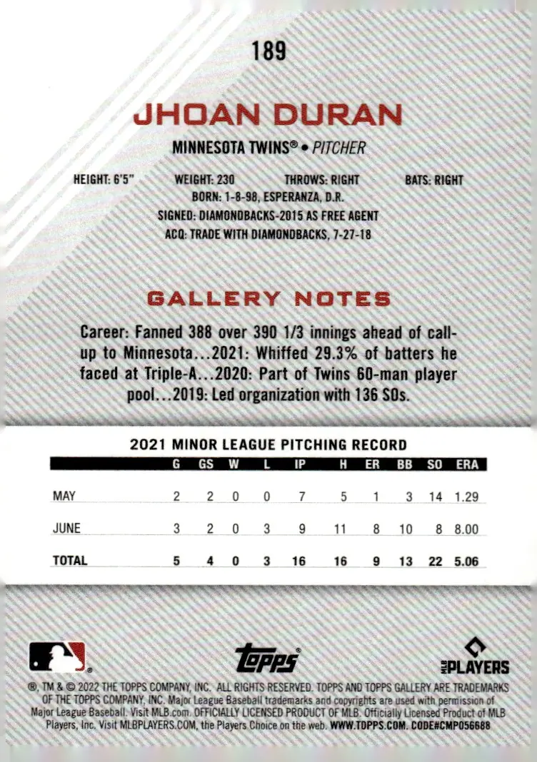 2022 Topps Gallery #189 Jhoan Duran (back)