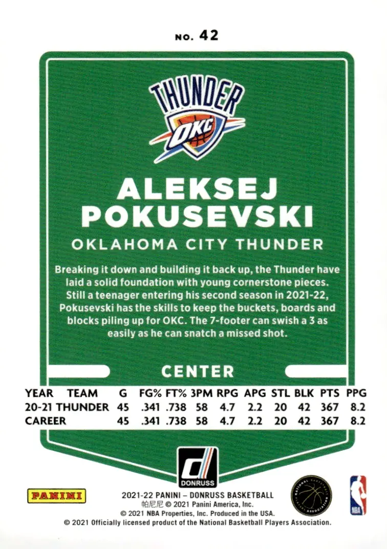 2021-22 Donruss #42 Aleksej Pokusevski (back)