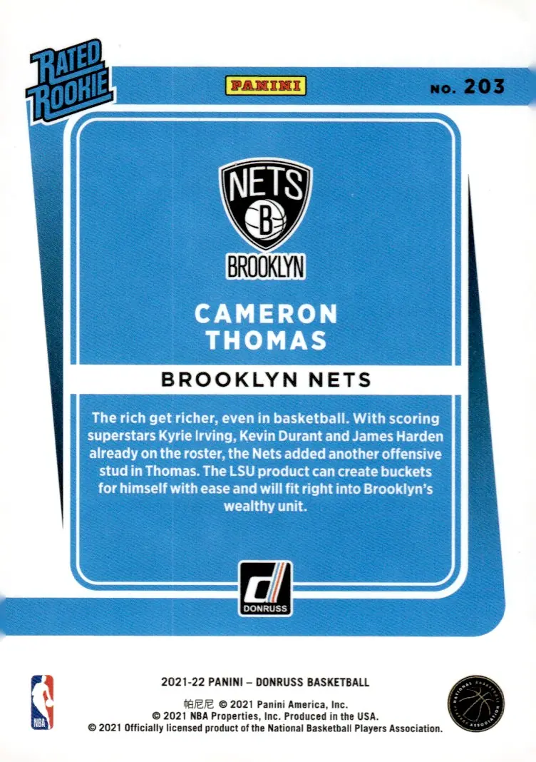 2021-22 Donruss Basketball #203 Cameron Thomas (back)